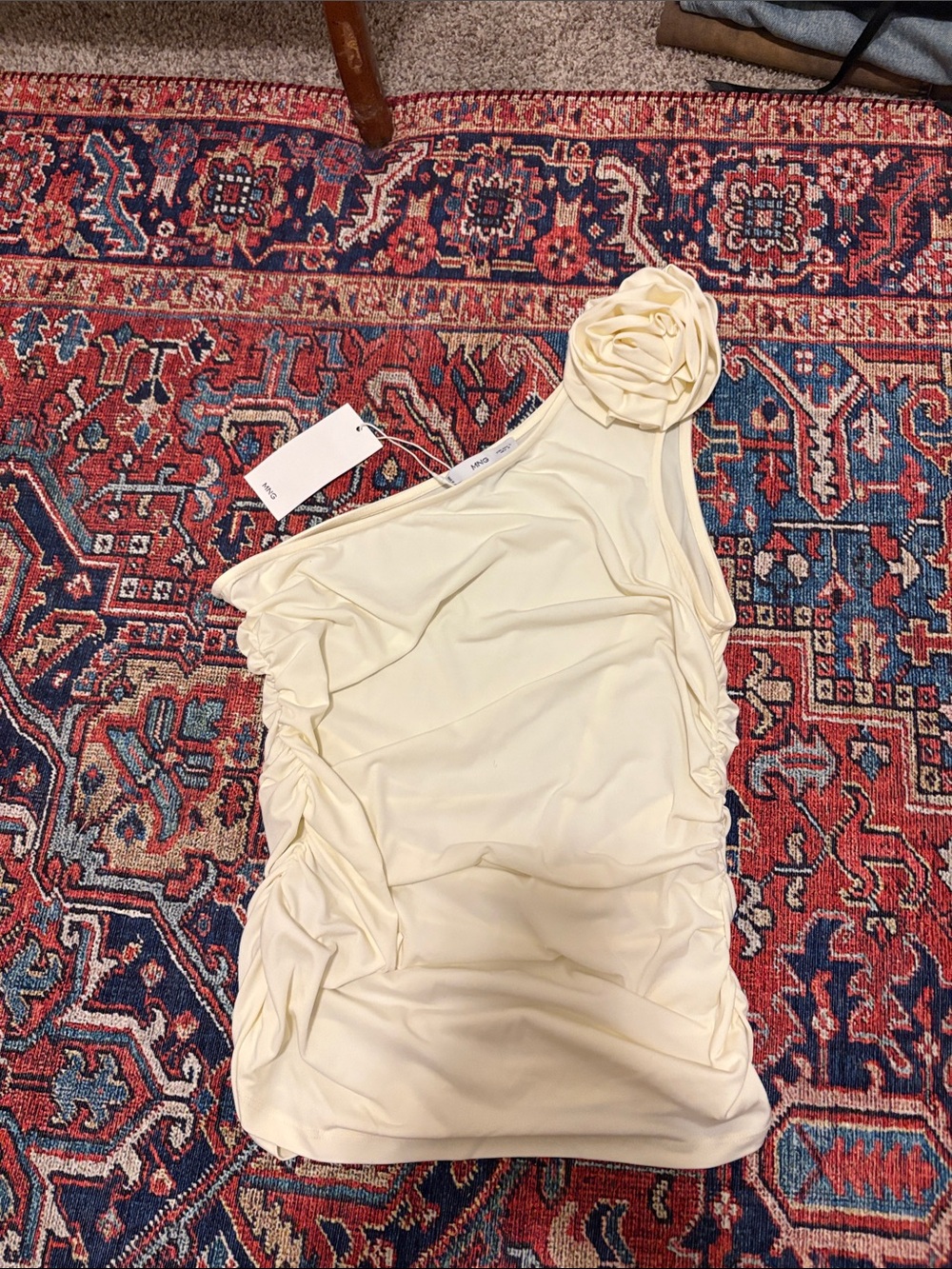 Mango Cream One-Shoulder Rosette Tank